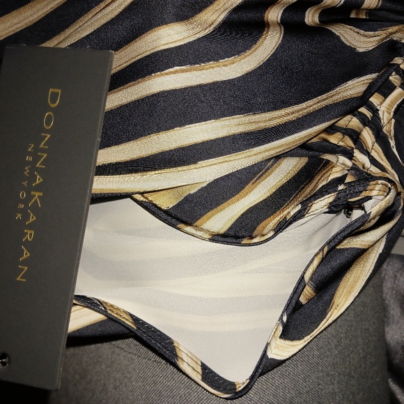 Donna Karan New York short sleeve blouse, cream/taupe/brown, unique, size L - Picture 2 of 8